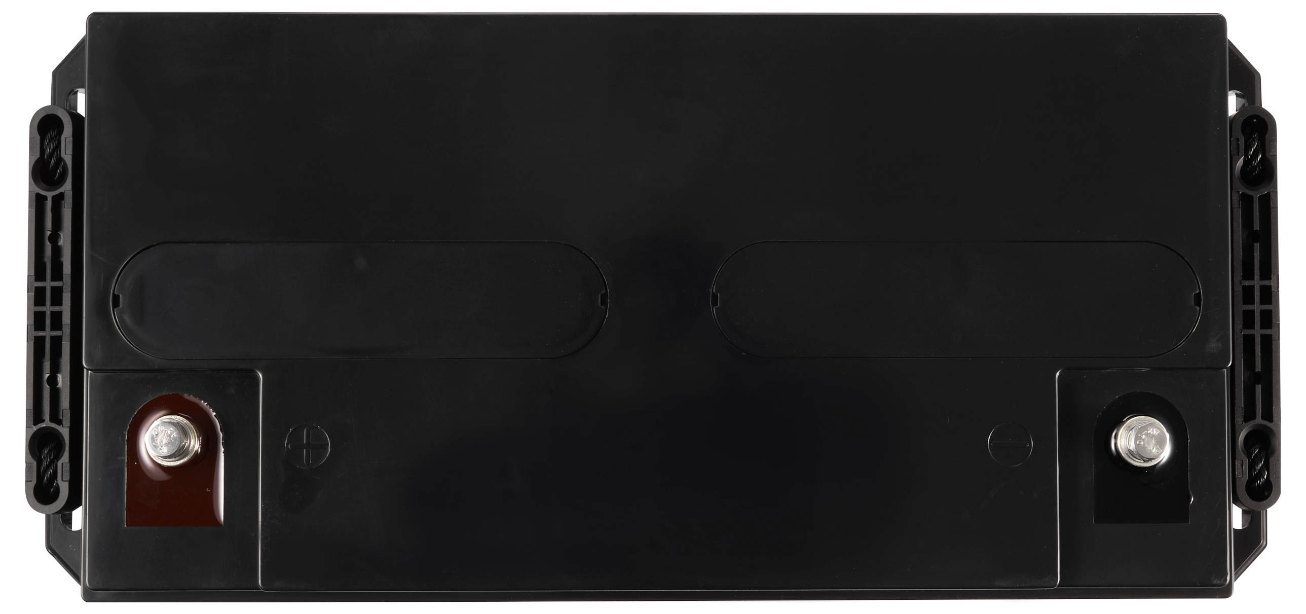 Black car alternator from above with two visible connection terminals. The left terminal is marked red, the right one is black.