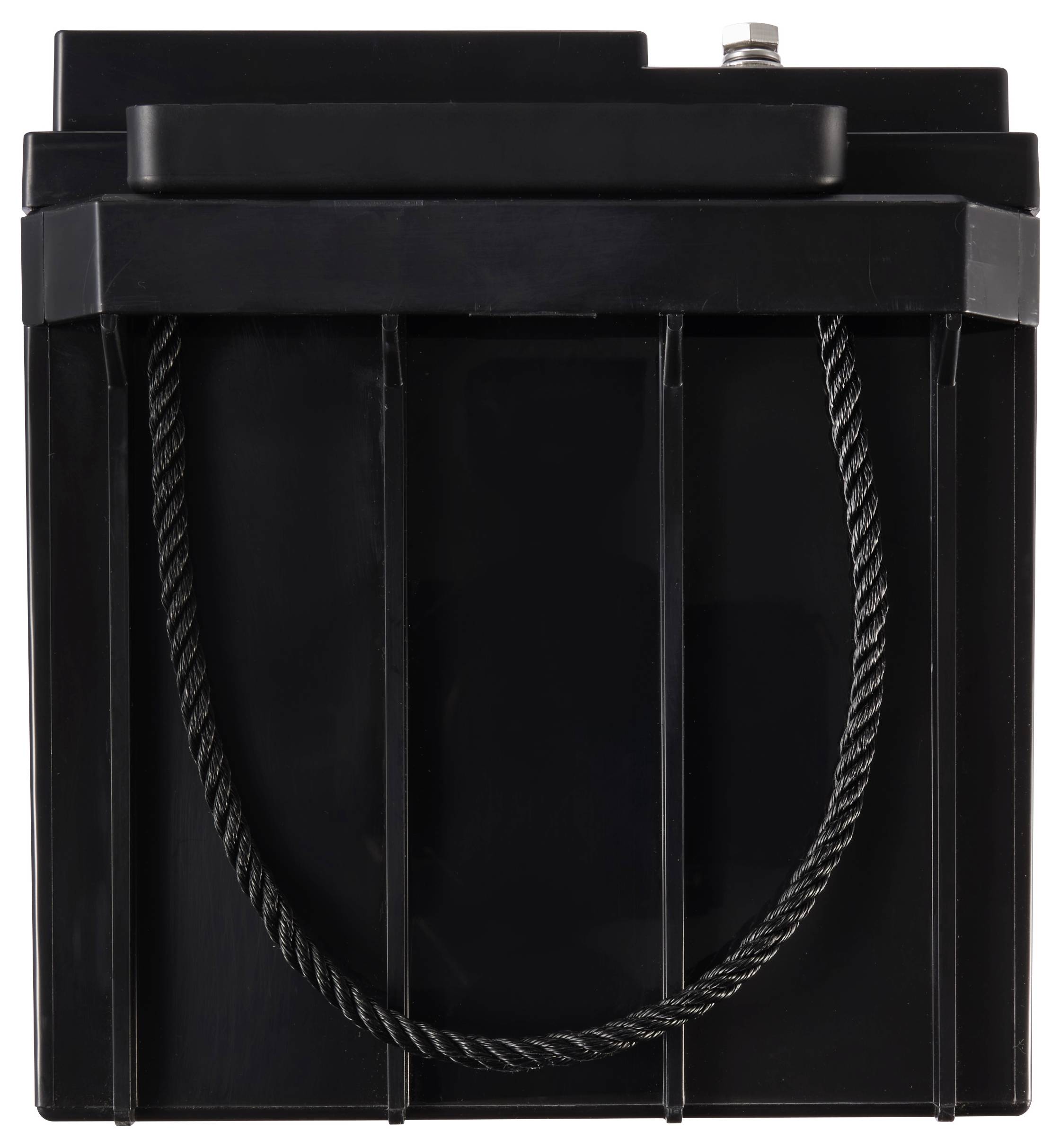 A black battery with carrying handle and metal contact on top, suitable for various electrical devices.