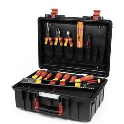 An open toolbox with several screwdrivers, a pair of pliers, and a ruler, all neatly arranged in compartments.