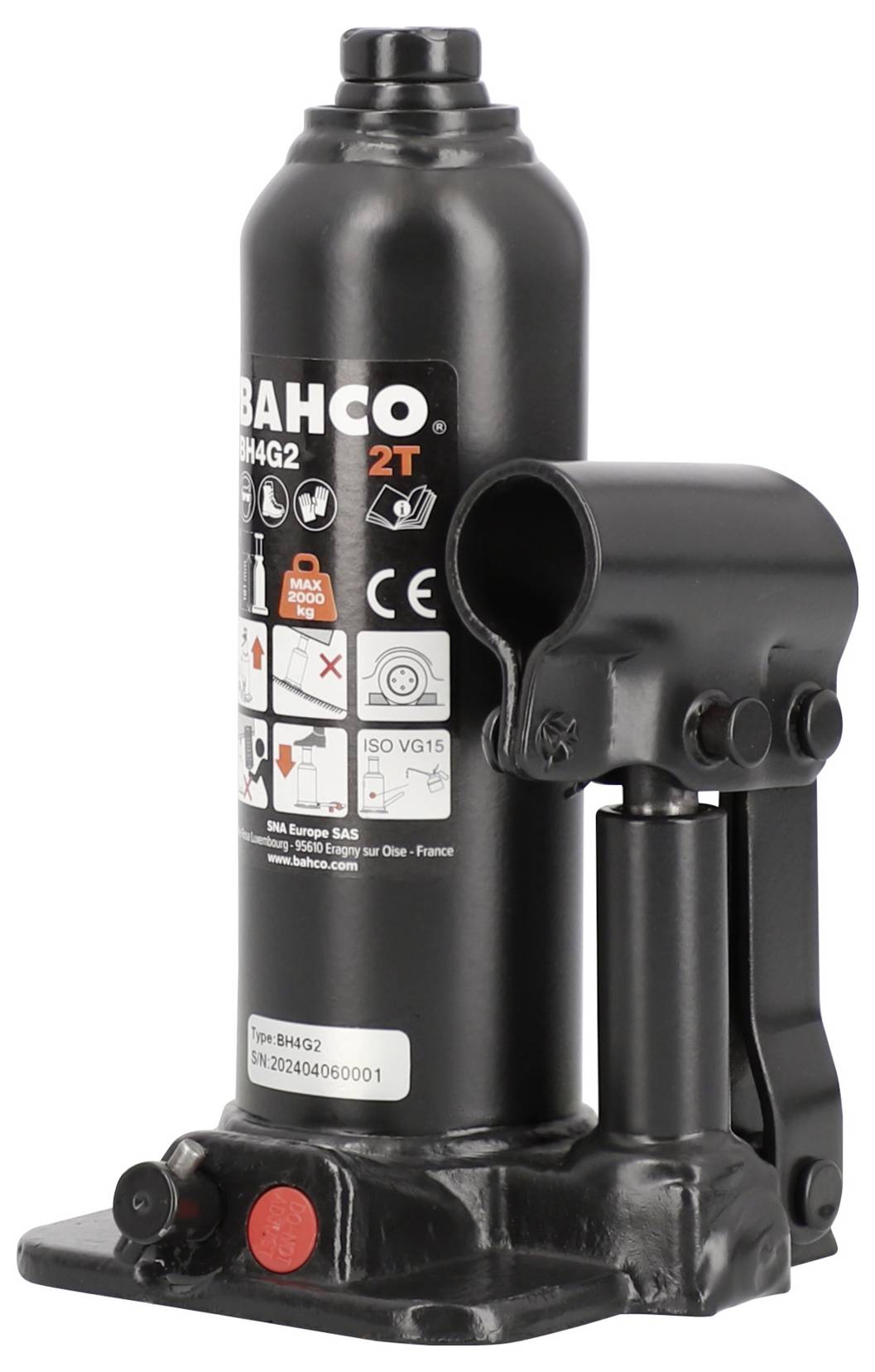 Black hydraulic jack with 2-tonne lifting capacity; cylindrical shape; red and white safety label stickers.