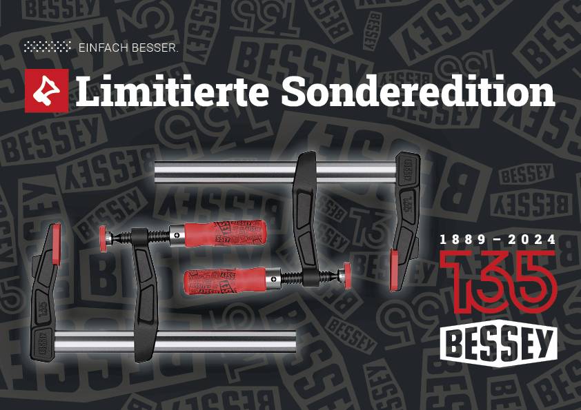 'Limited Special Edition' of Bessey clamps with red handle. Inscription 'Simply Better'. Anniversary date: 1889–2024.
