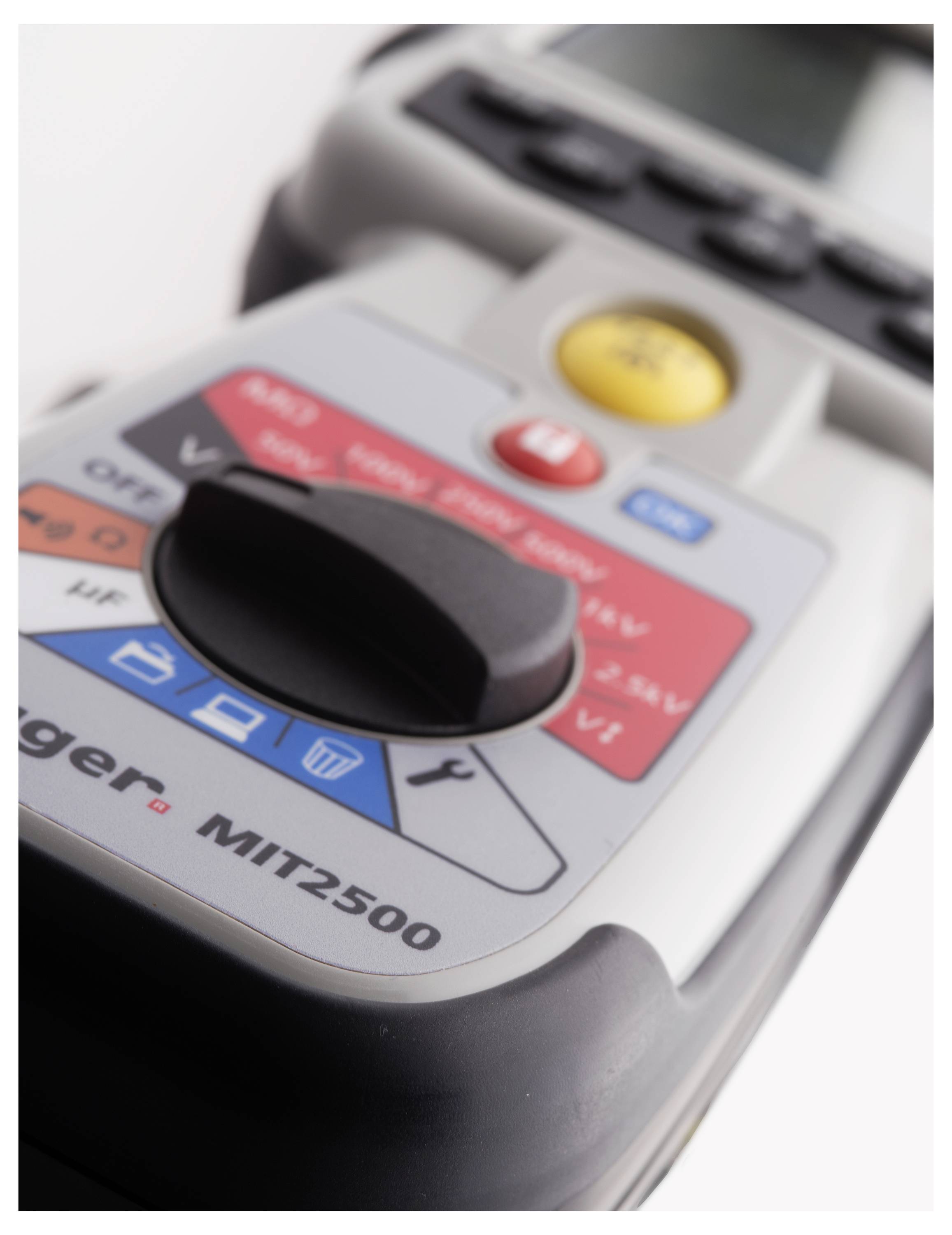 Close-up of a digital display and measuring device with various buttons and interface controls. A yellow button at the top, with colourful option buttons beneath it.