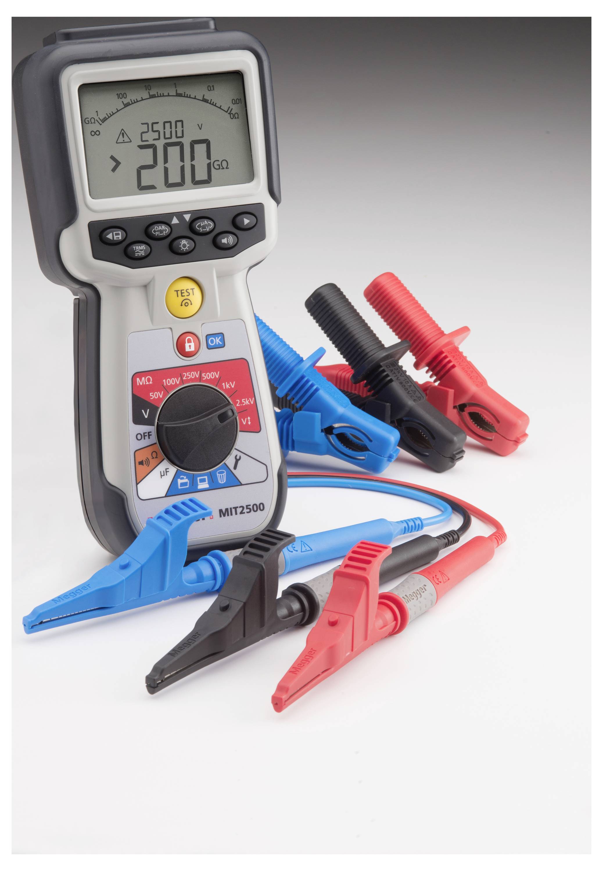 A digital multimeter with a display shows '2500' and '200'. It is surrounded by cable clamps in red, black and blue.