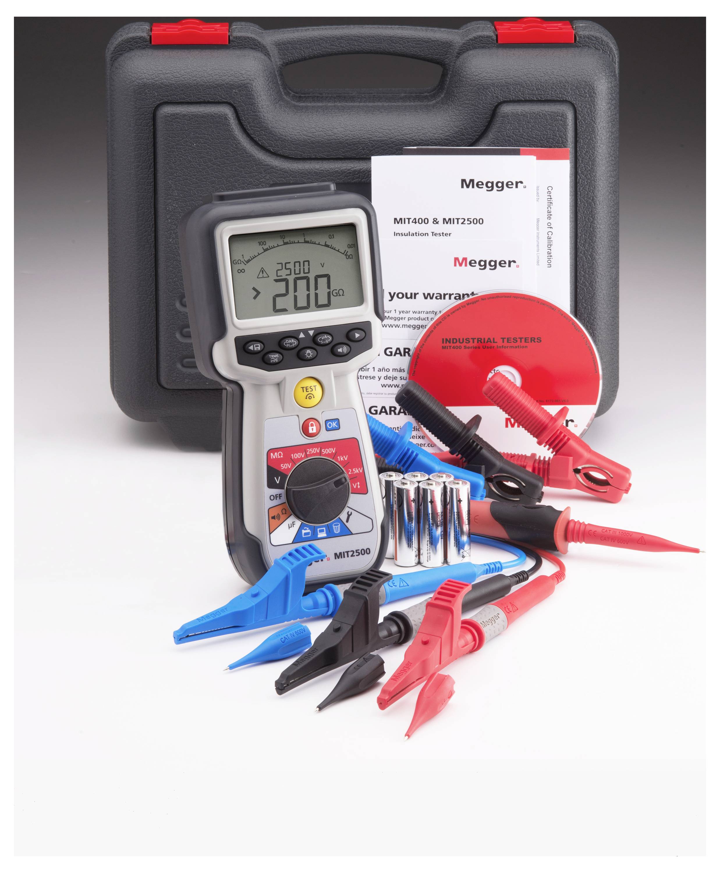 Multimeter set with leads and accessories in front of a black case. Includes battery-operated digital multimeter, manuals, and crocodile clips.