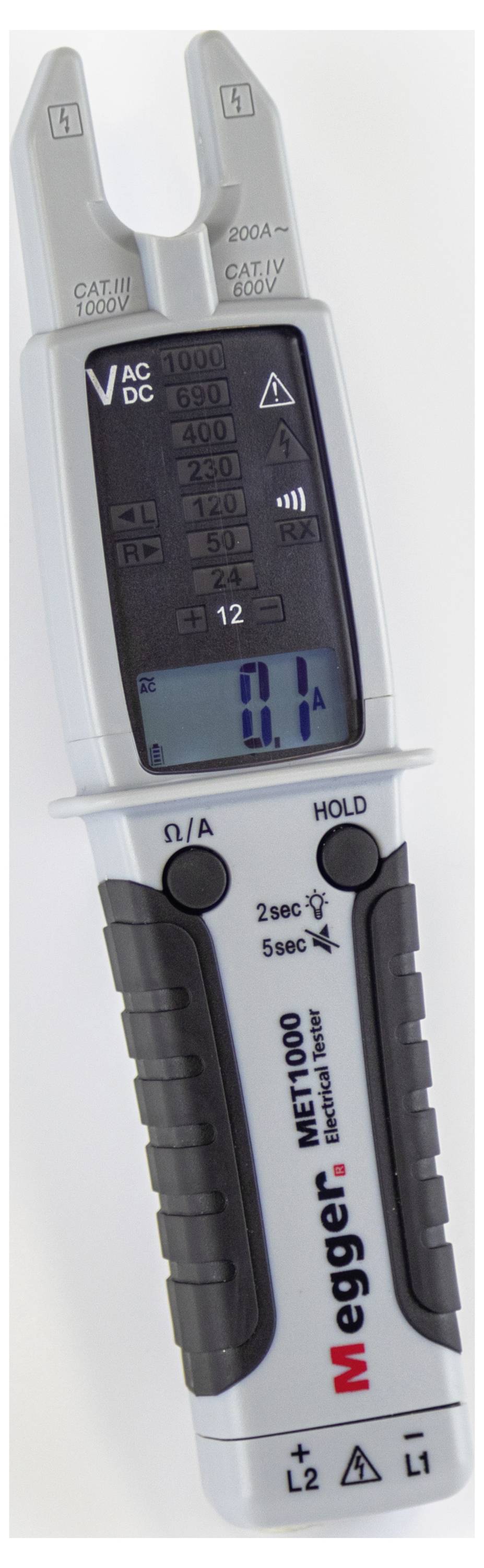 Digital multimeter with display for voltage. 'Megger' brand name visible. Suitable for direct and alternating current measurements.