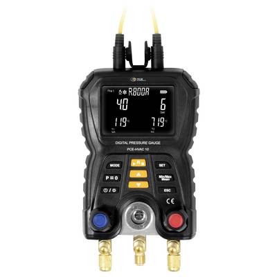 Handheld digital pressure gauge with two hose connectors, dual digital readouts showing 40 and 6 bar and 119°C, and several control buttons.