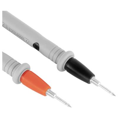Close-up of two test probes with gray handles and insulated tips, one black and one orange, showing metal probe tips for electrical testing.