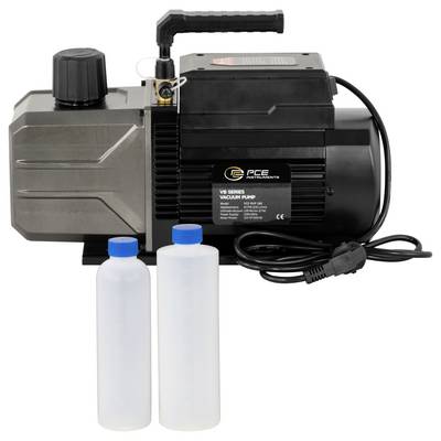 Vacuum pump with carrying handle, power cord, and two small plastic bottles in front on a white background.