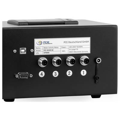 Black water activity meter unit labeled 'PCE Deutschland GmbH' with four front sensor ports numbered 1 to 4 and a power/USB panel.