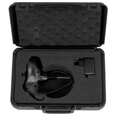 Open black carrying case with foam insert holding a VR headset or sensor accessory and cable.