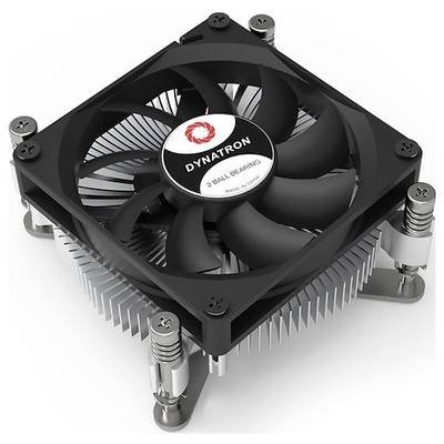 A black CPU cooler by Dynatron with a fan in the centre, mounted on a heatsink with metal fins.