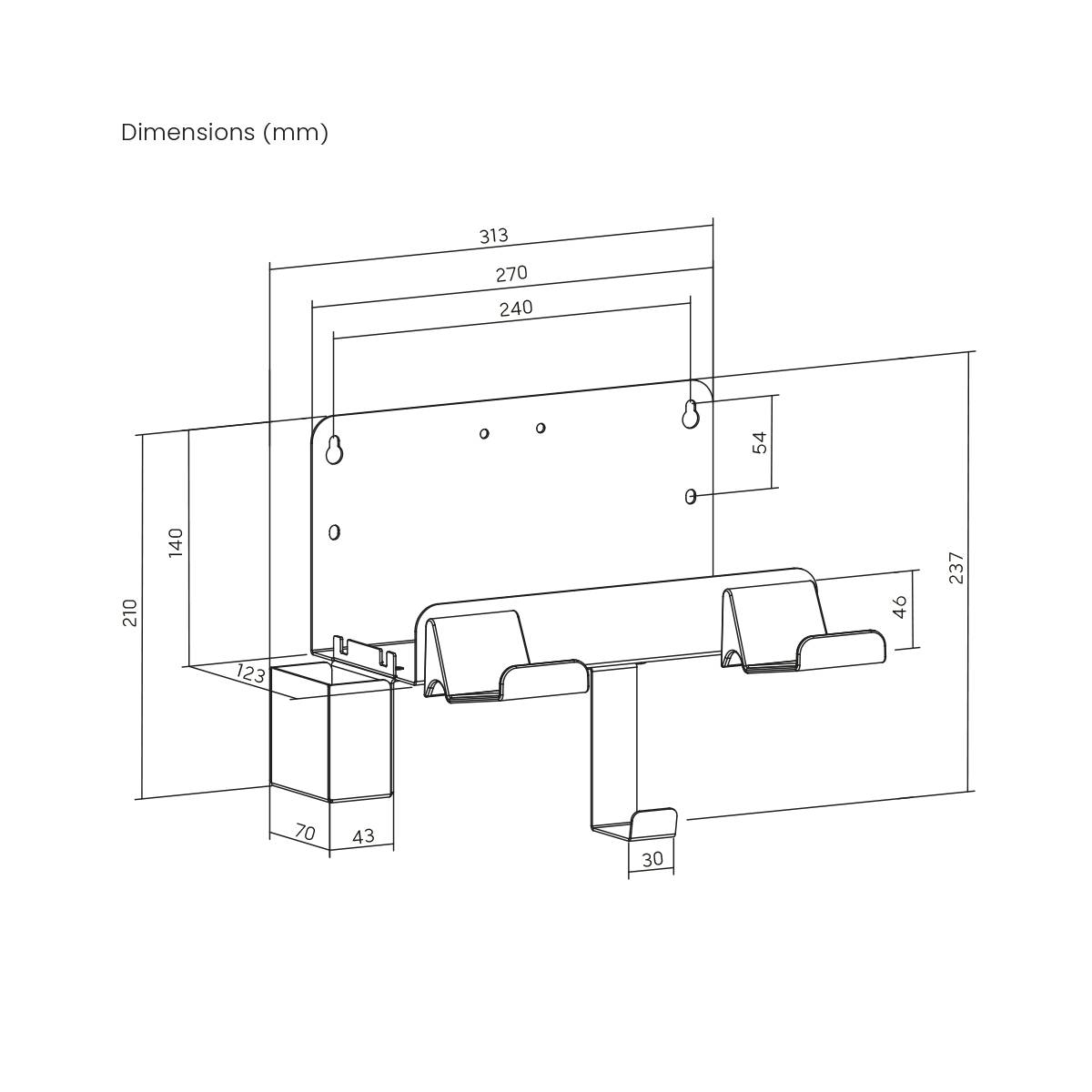 Technical drawing of a wall bracket with dimensions in millimetres. Width: 313 mm, Height: 210 mm, showing mounting holes and spacings.