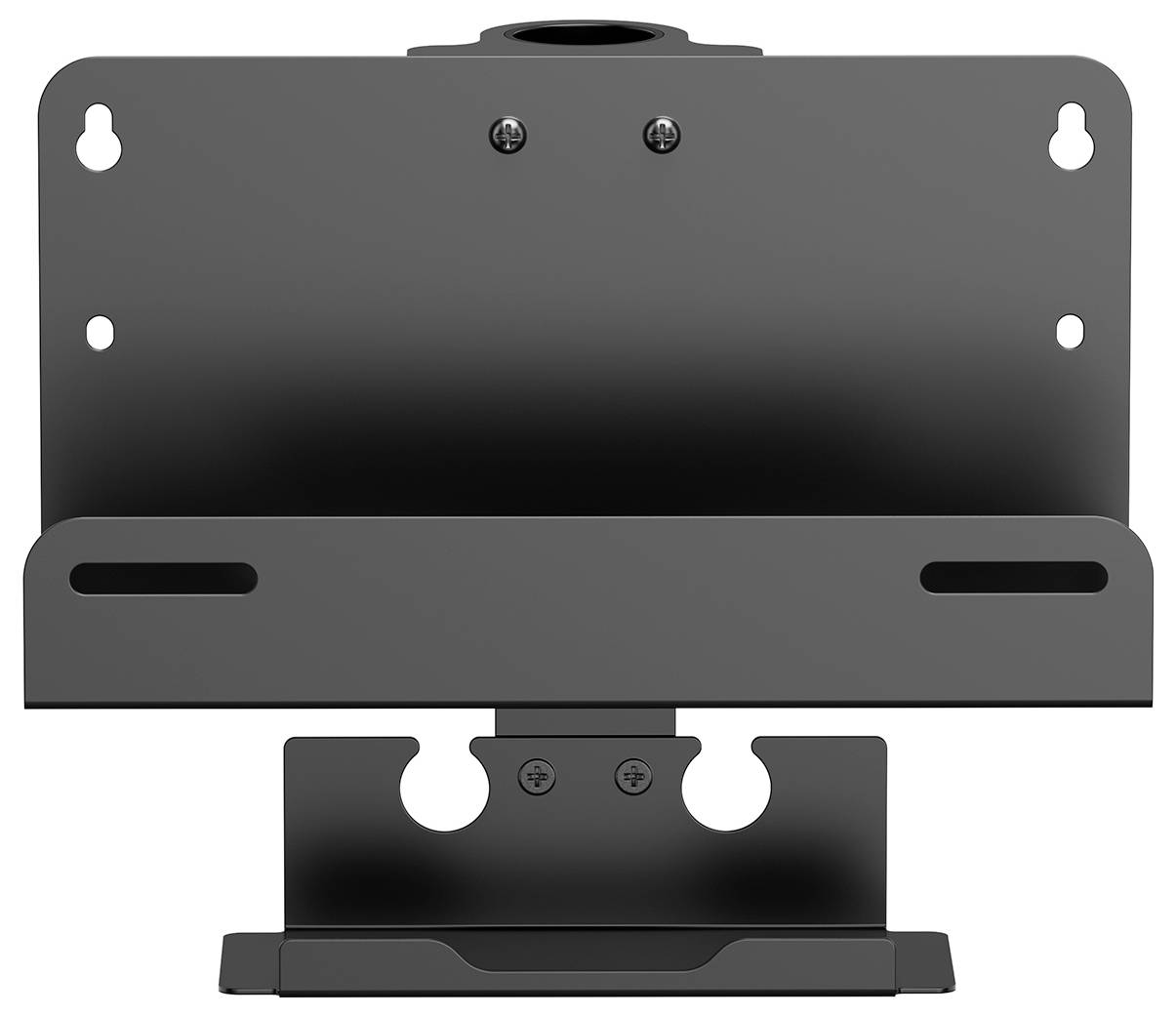 A black metal wall mount with screw holes for fixing. Suitable for mounting monitors or screens.