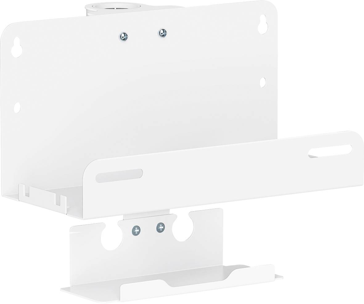White mounting bracket with slots and drill holes, suitable for wall mounting. Primarily intended for device mounting.
