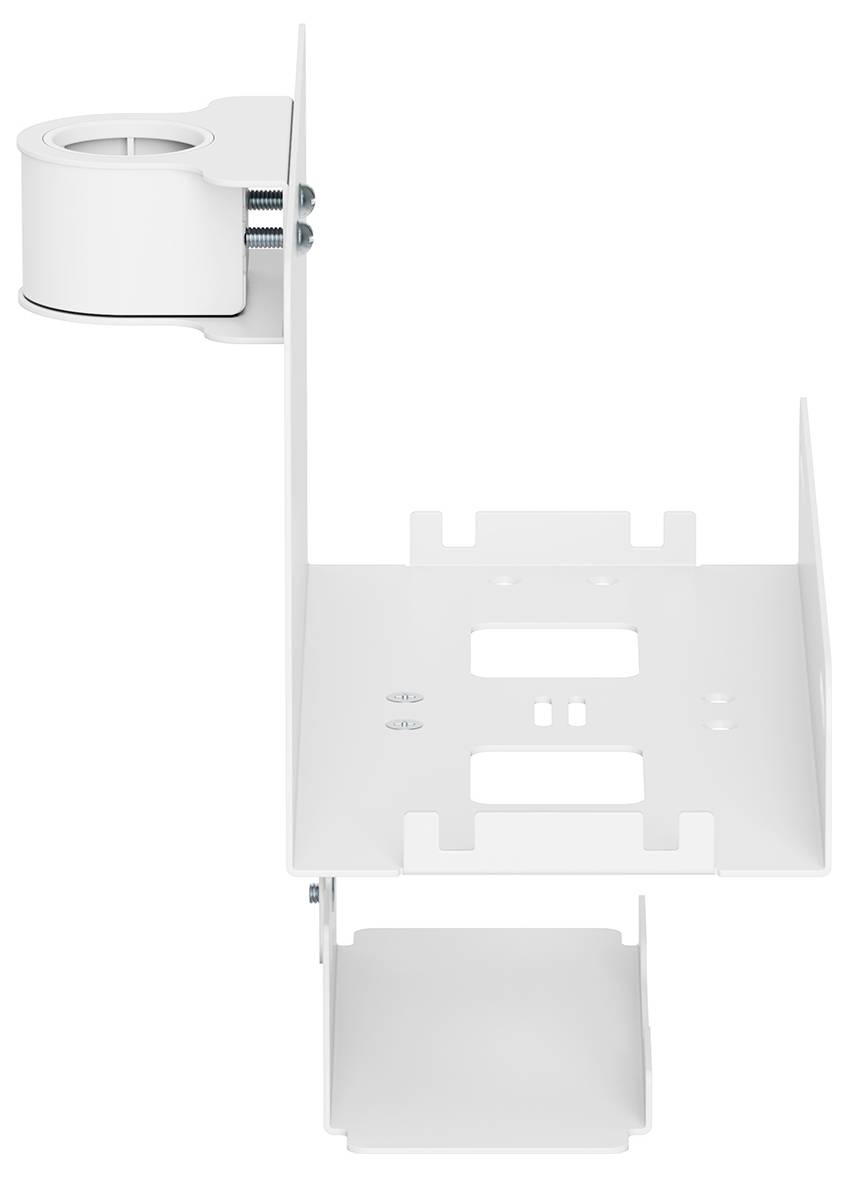Metal mounting bracket with a cylindrical element at the top left, rectangular platform in the centre, and open base at the bottom.