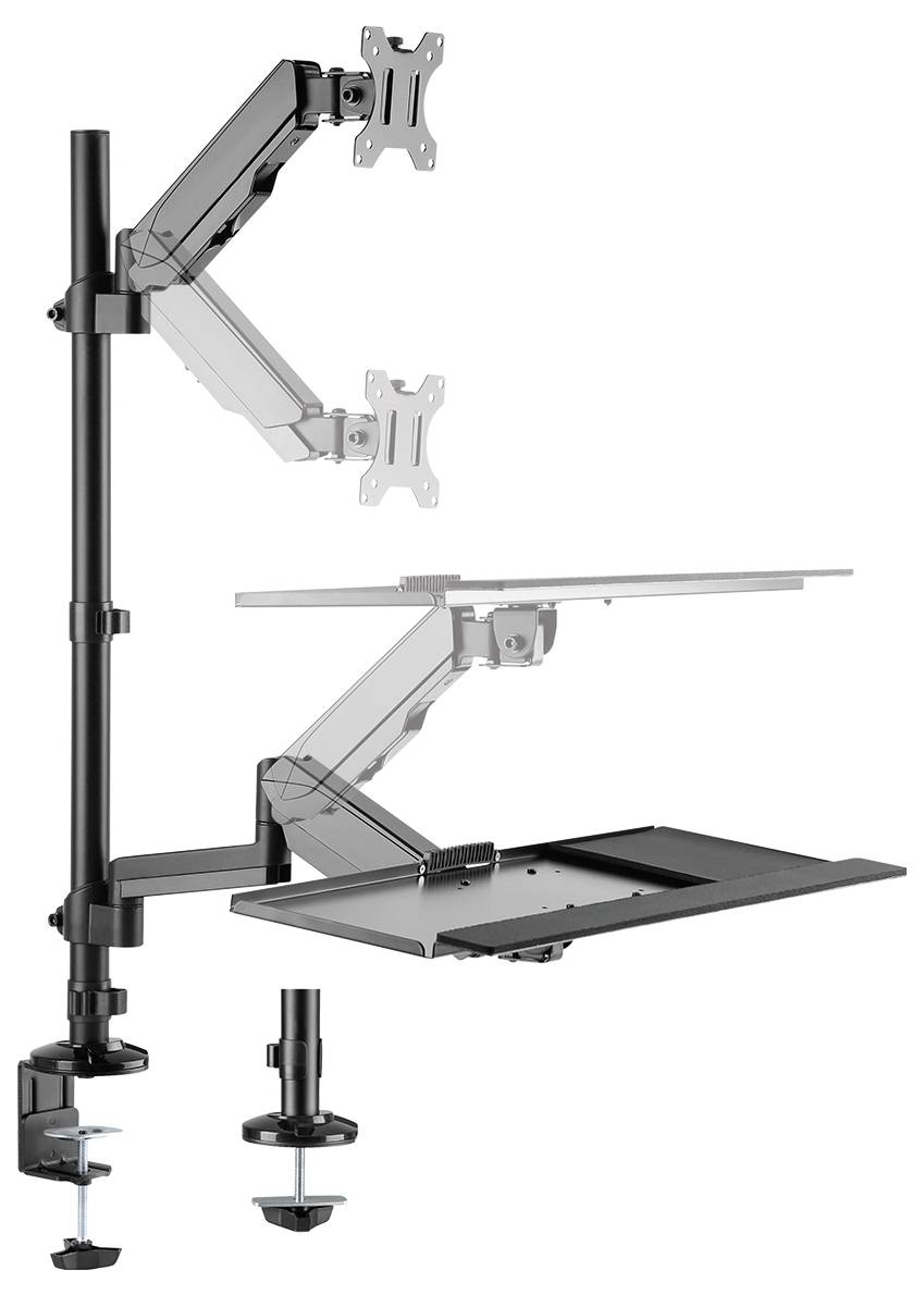 Adjustable dual monitor mount with keyboard tray, clamp-mounted to desk edge. Ideal for ergonomic workstations.