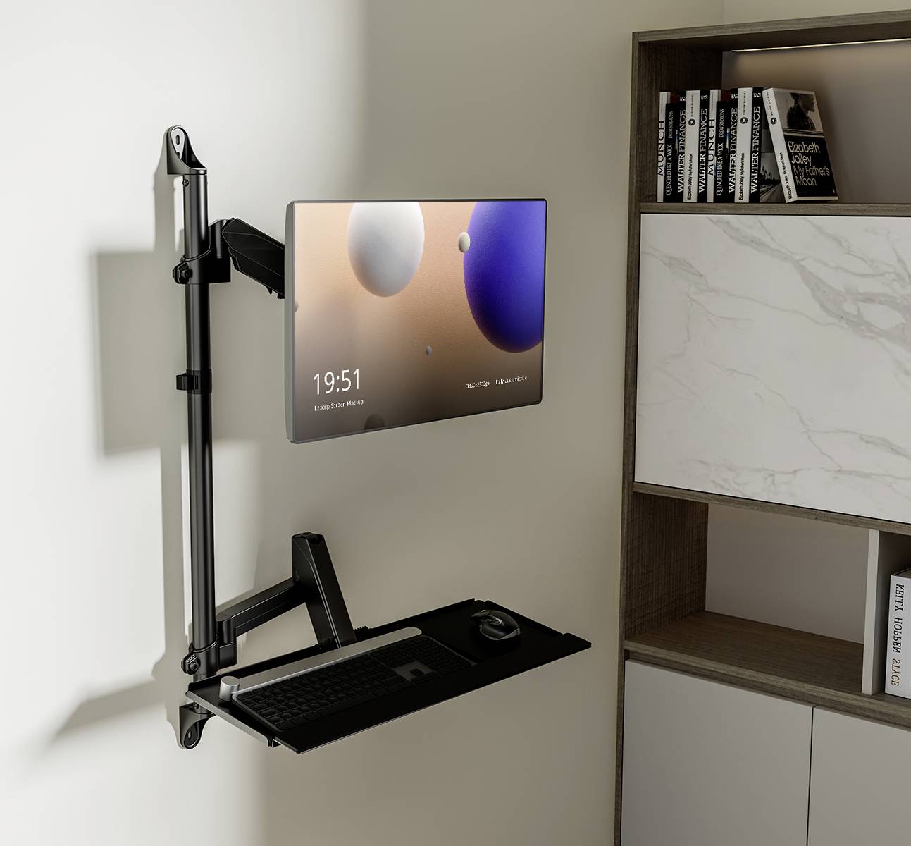A monitor and keyboard are mounted on an adjustable wall bracket. Next to it stands a bookshelf and a cupboard.