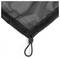 Black net with an elastic loop at one corner, can be used for fastening or securing.