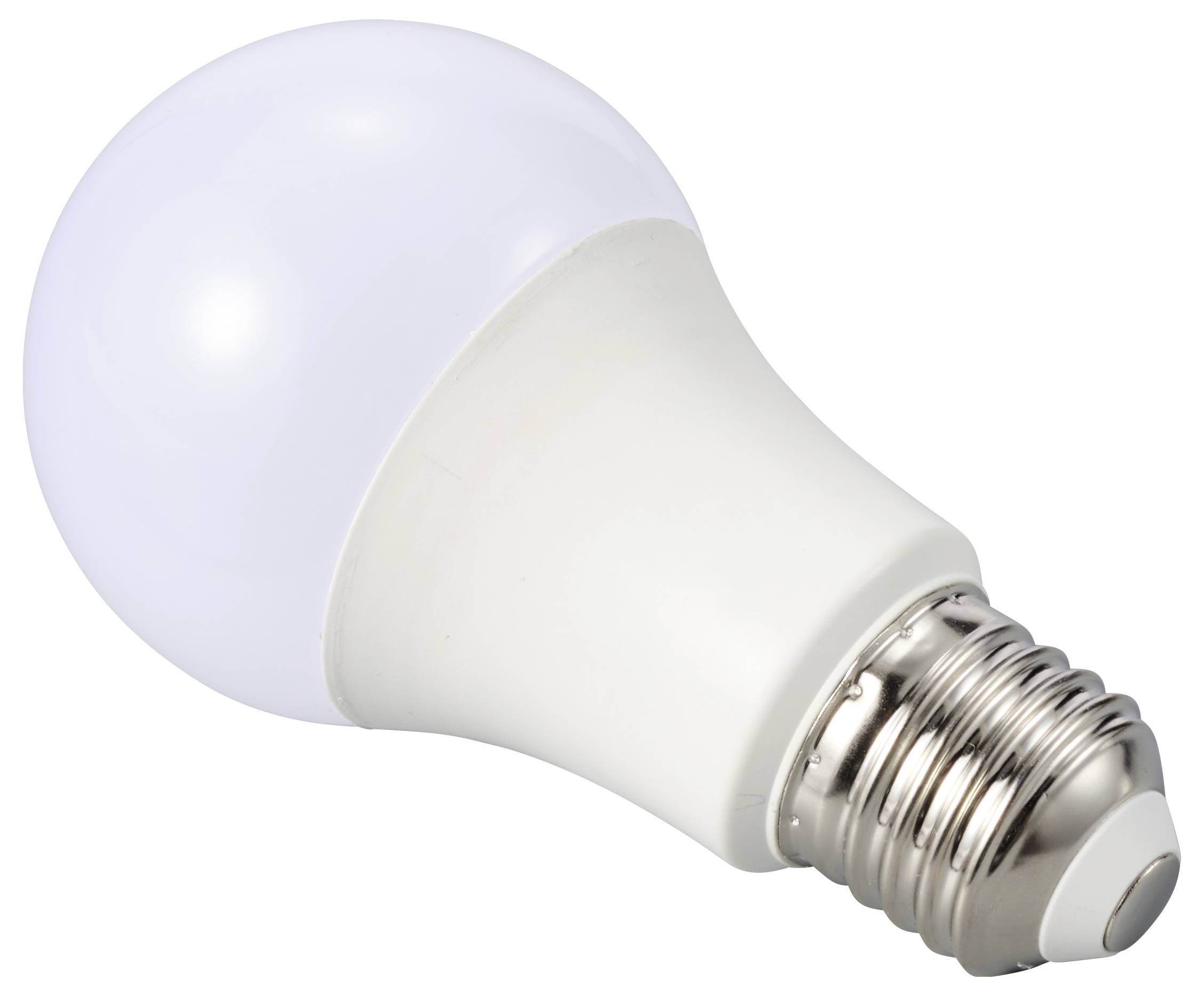 A white LED light bulb with an E27 base is lying on its side.