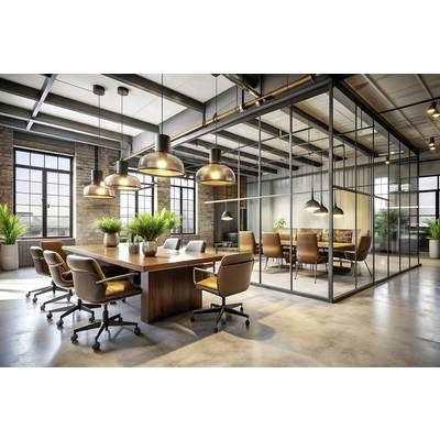 Modern meeting room with a wooden table, leather armchairs and plants. Large windows provide natural light, glass partitions.