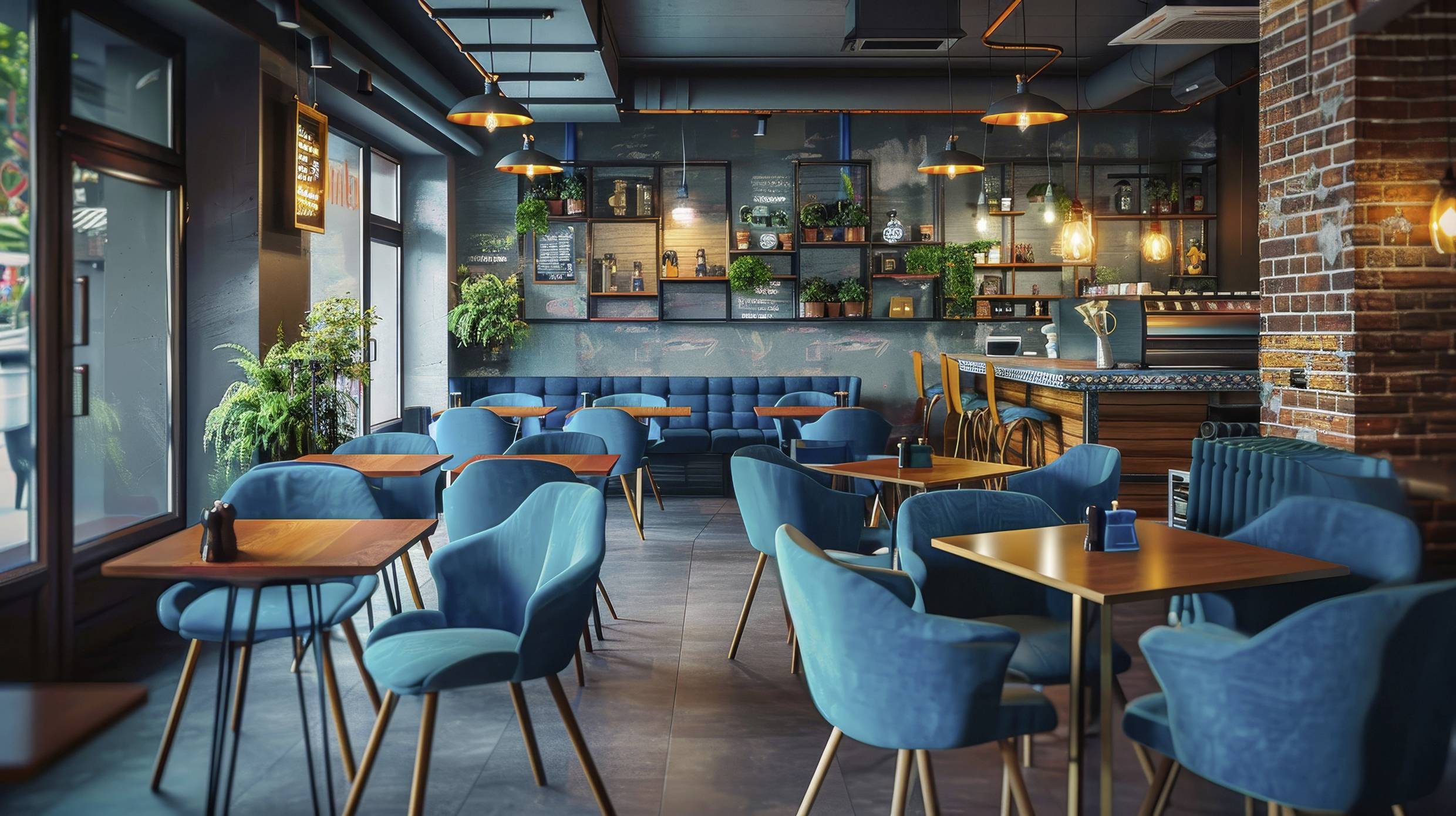 A stylish, modern café with blue armchairs and wooden tables. Plants hang on the wall and the bar in the background is illuminated.