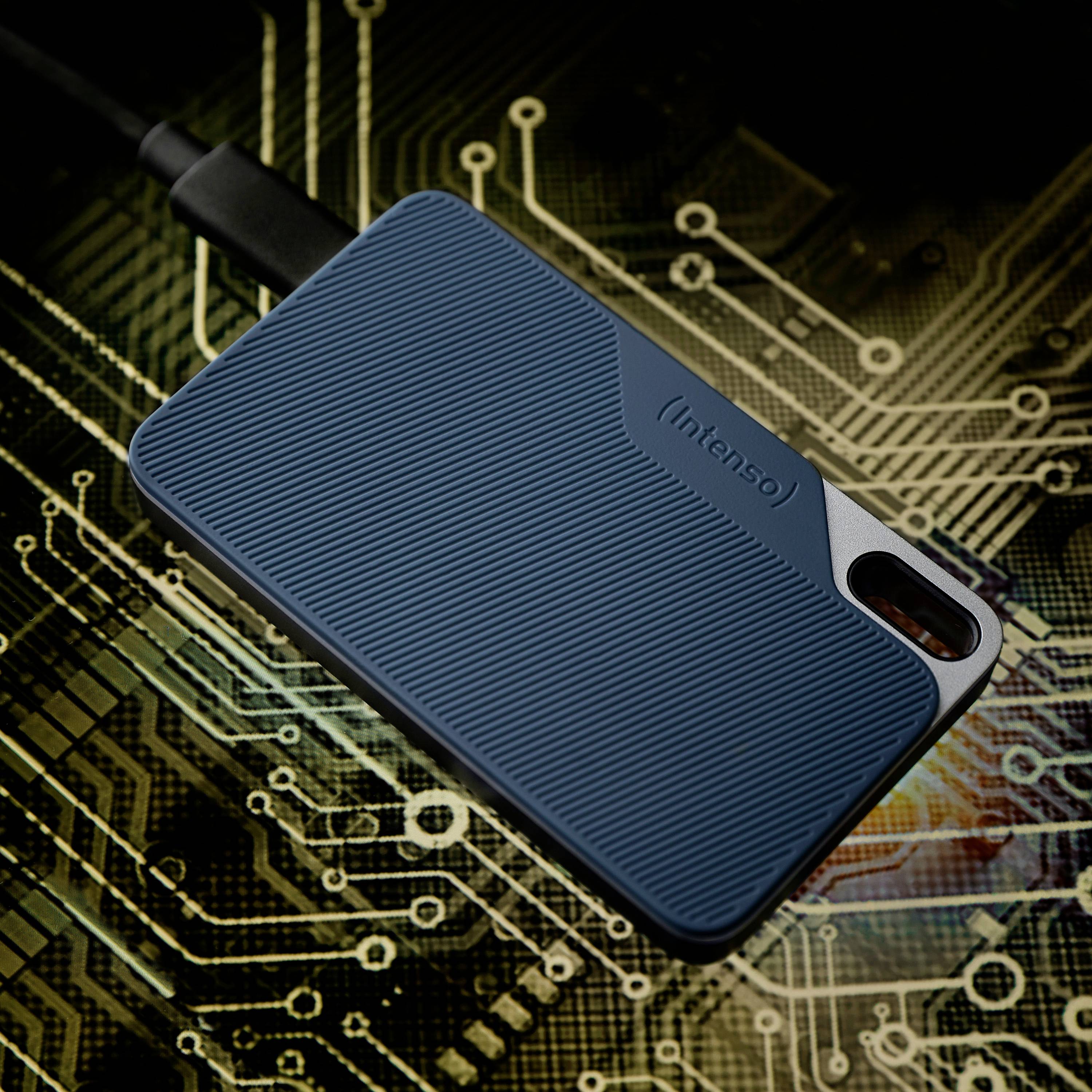 External hard drive, blue casing, connected with a cable; background shows an abstract circuit pattern.
