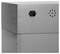 Grey, angular metal box with a circular opening and a rectangular connection on its top surface.