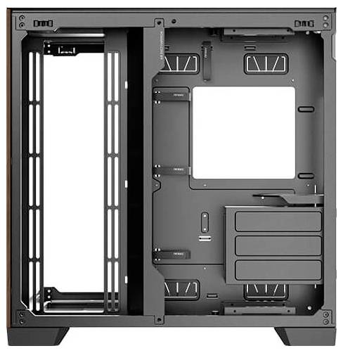 An empty computer case without installed components, with space for a motherboard, hard drives and other hardware.