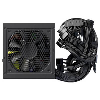 A black computer power supply unit with a visible fan and multiple cable connections used for powering a PC.