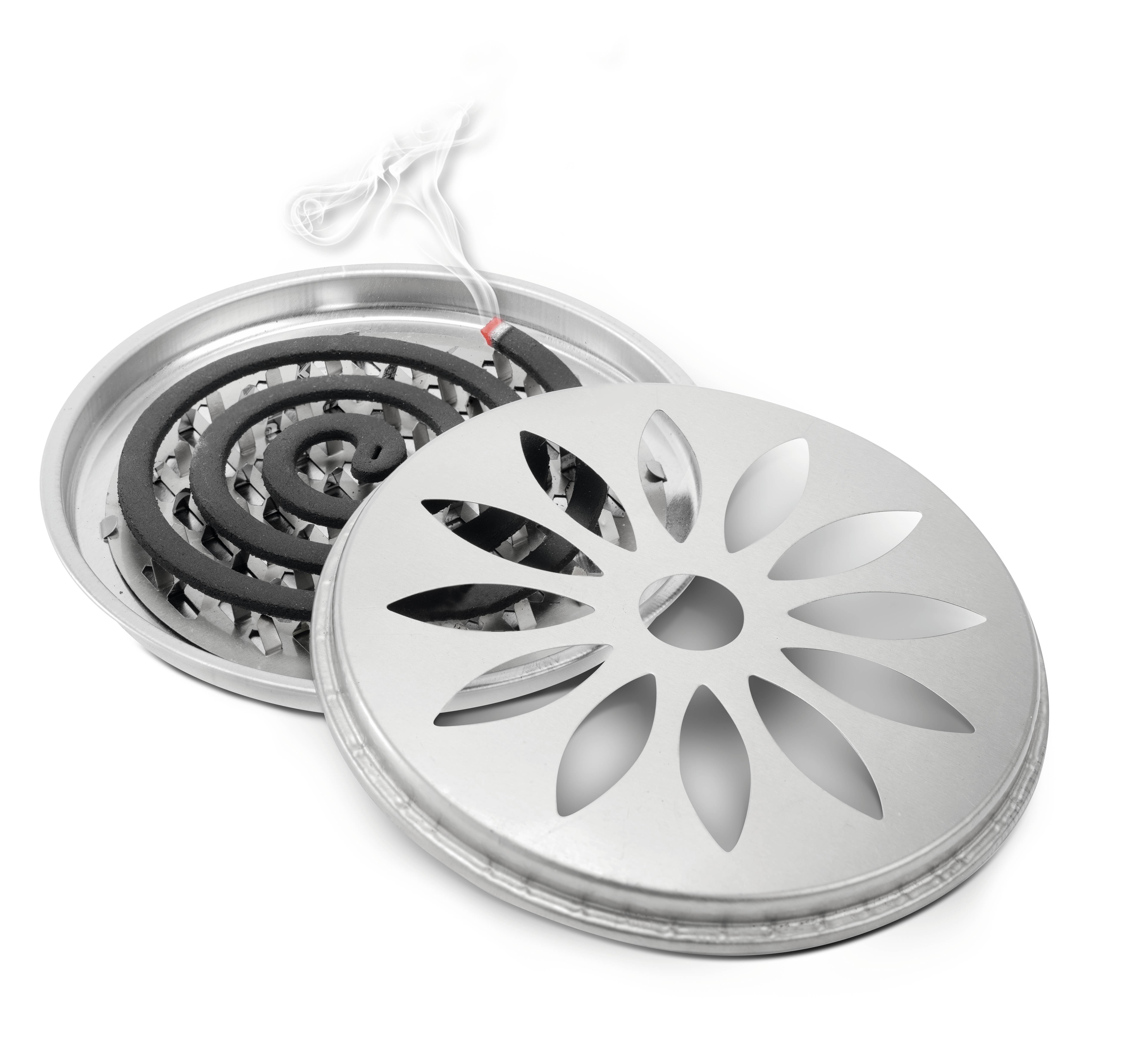 Metallic mosquito diffuser in a flower-like shape with a spiral underneath. Used for repelling insects outdoors.