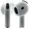 Two white wireless earbuds with black speaker openings, standing upright.
