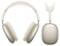 Wireless headphones in beige, shown front-on and from the side, with a smooth surface and padded headband.