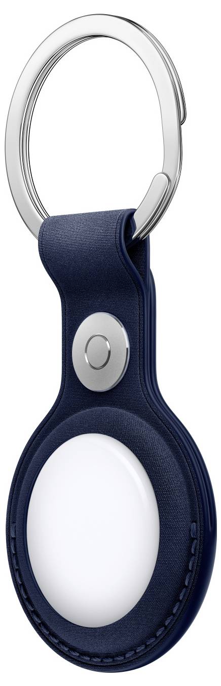 A round, white location tracker in a navy blue leather case with a keyring, suitable for attaching to items.
