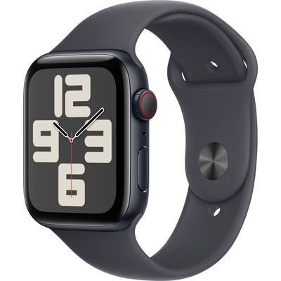 Black smartwatch with rectangular display shows large, beige digits and red accent button on the side.