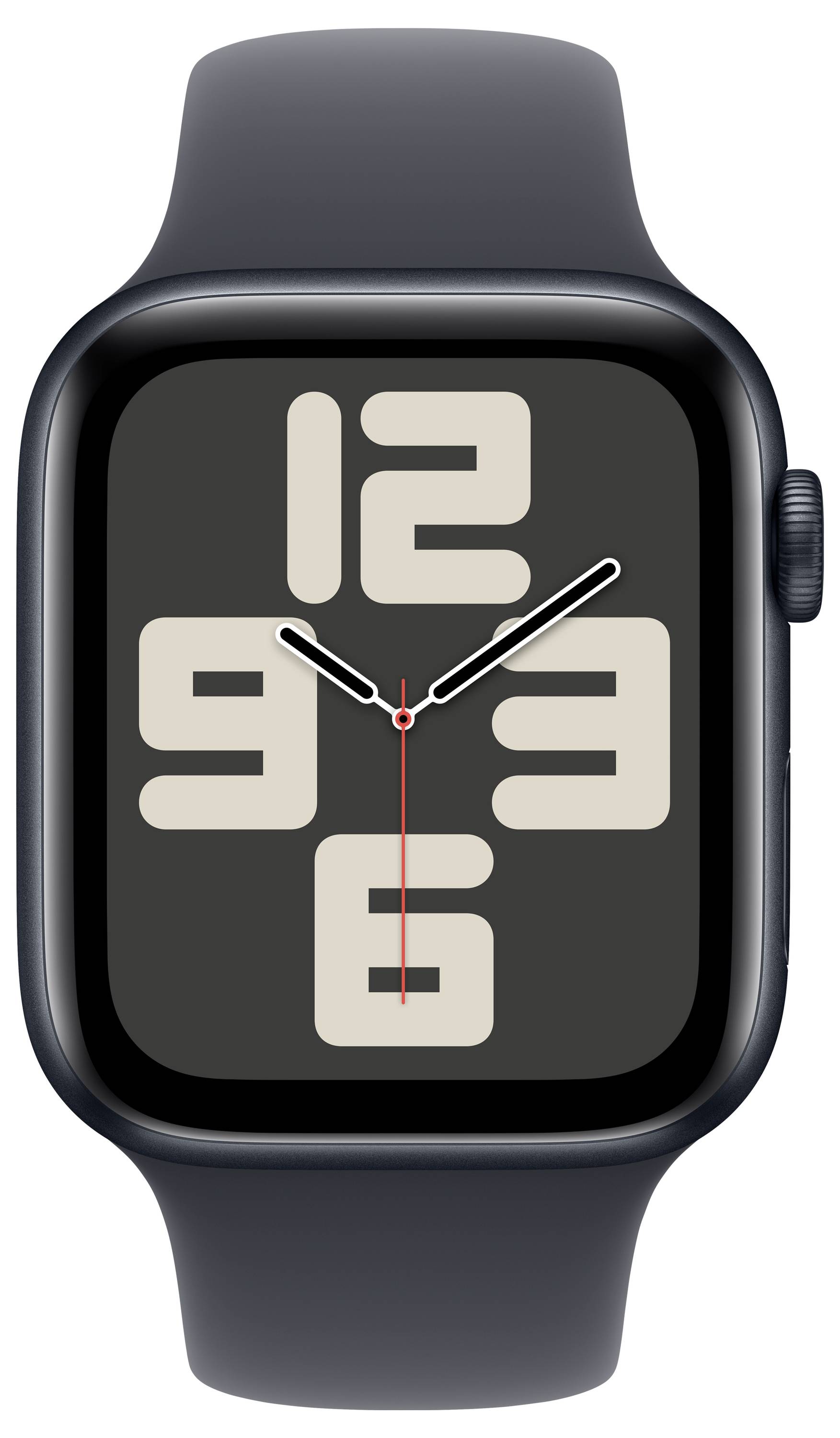 A black smartwatch displays a stylised analogue watch with large, beige numerals and three white and red hands.