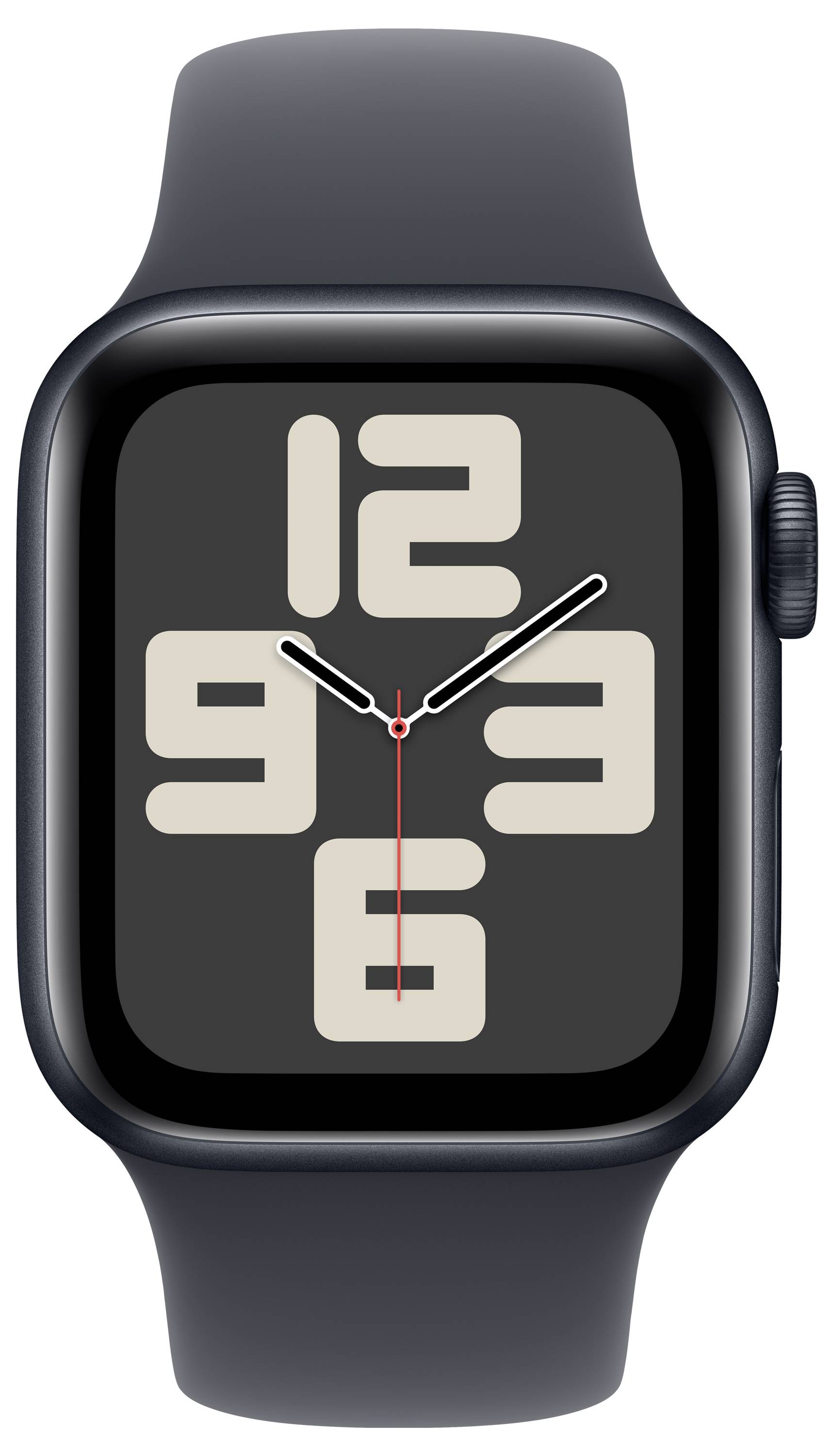 Black smartwatch with an abstract dial design, large, stylised numbers 1, 2, 3, 6, 9 and 12, white hands.