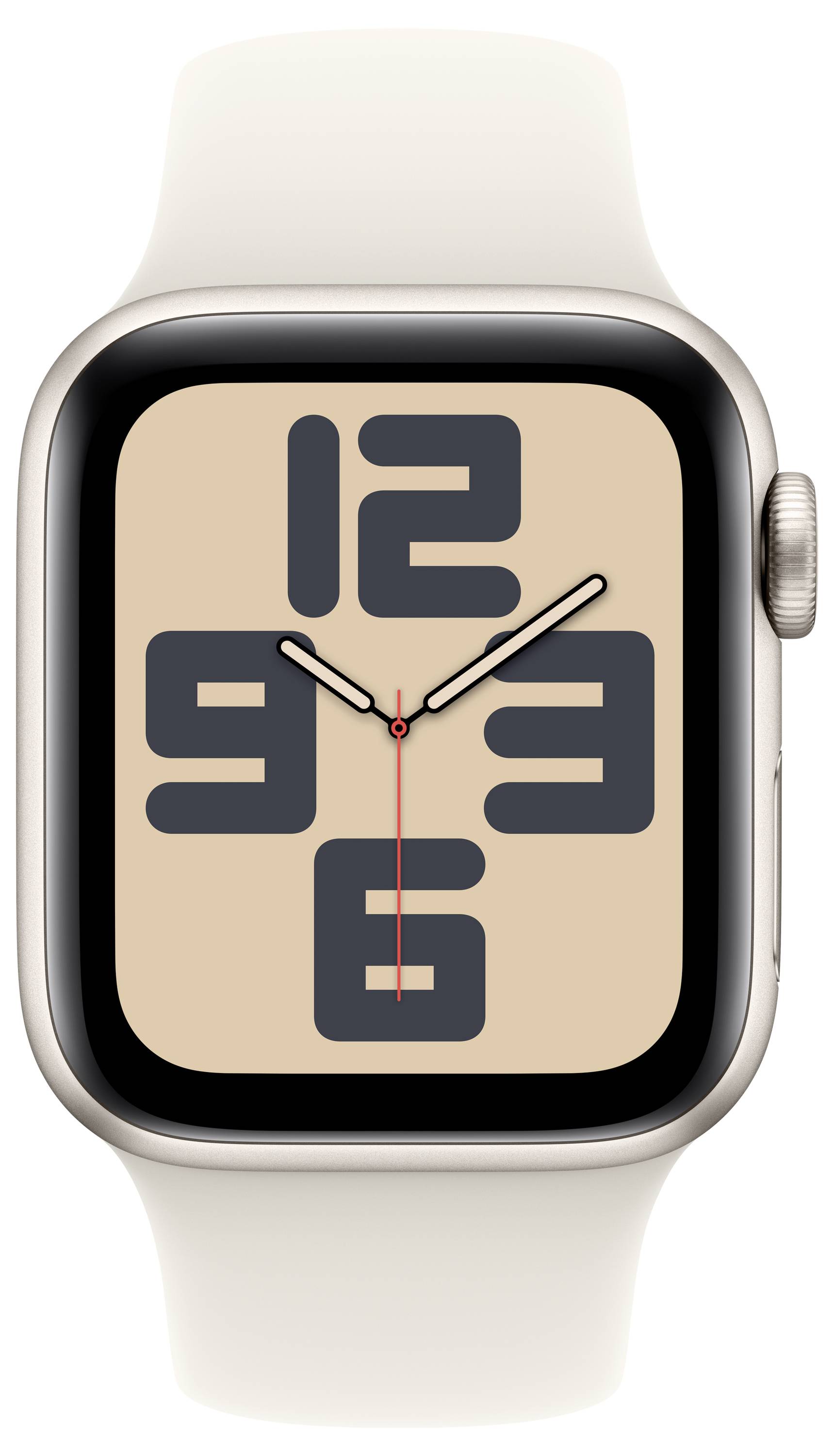 White smartwatch with large dial. Showing 10:09. Black numerals on beige background, silver casing, white strap.