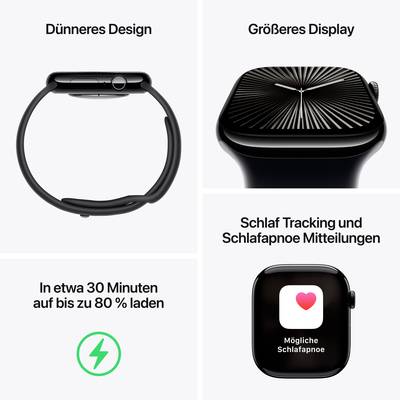 'Slimmer Design', 'Larger Display', 'Sleep Tracking and Sleep Apnoea Notifications', 80% charge time in 30 minutes with lightning symbol.