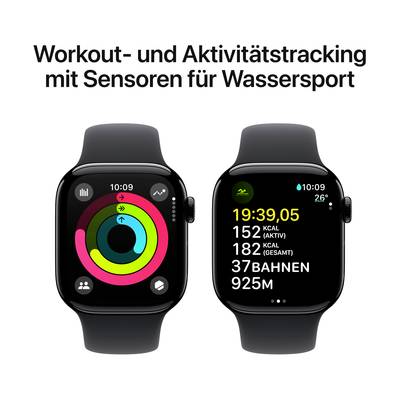 'Two smartwatches display activity rings and swimming statistics, including calories, lanes and distance.'