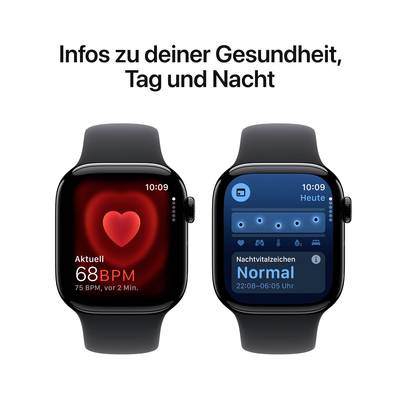 Two smartwatches display health information. One shows heart rate (68 BPM) and the other shows night vital signs (Normal).