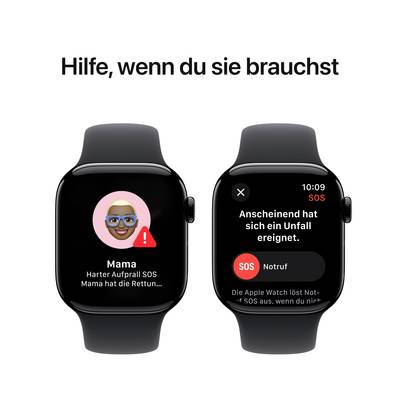Two smartwatches display emergency notifications. On the left: Avatar with 'Mum' and emergency call details. On the right: Text about accident report.