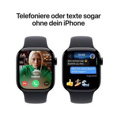 Two smartwatches are shown. On the left, an incoming call is displayed, while the right one shows a messaging conversation with emojis.