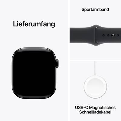 Contents of a smartwatch: On the left the watch, top right a sports strap, bottom right a USB-C magnetic quick-charging cable.