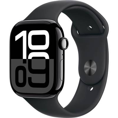 Black smartwatch with a large digital display showing '10:09'. Minimalist design with a rounded screen and black strap.
