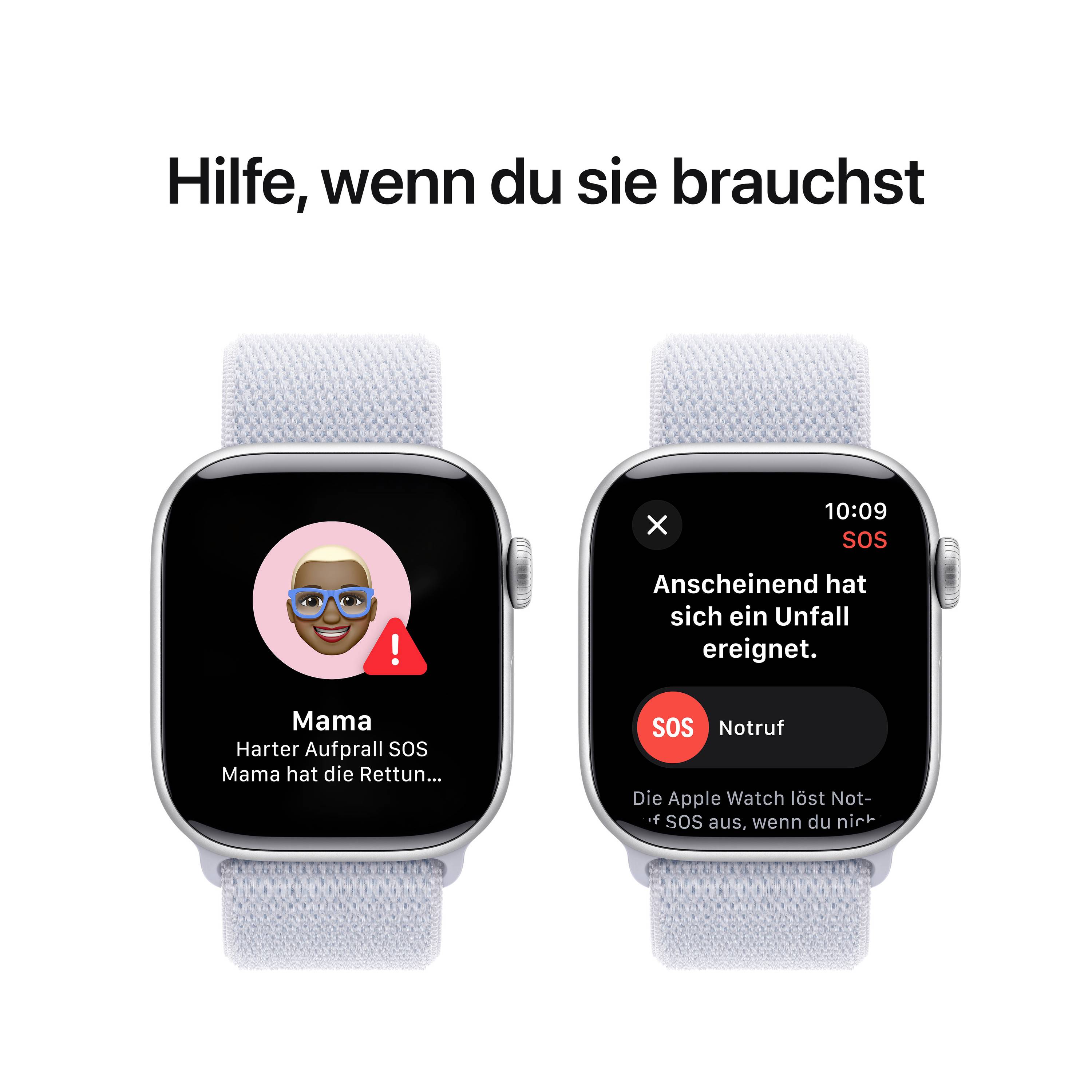 Two smartwatch screens: On the left, an SOS emergency call from 'Mum', on the right a message indicating an apparent accident has occurred.