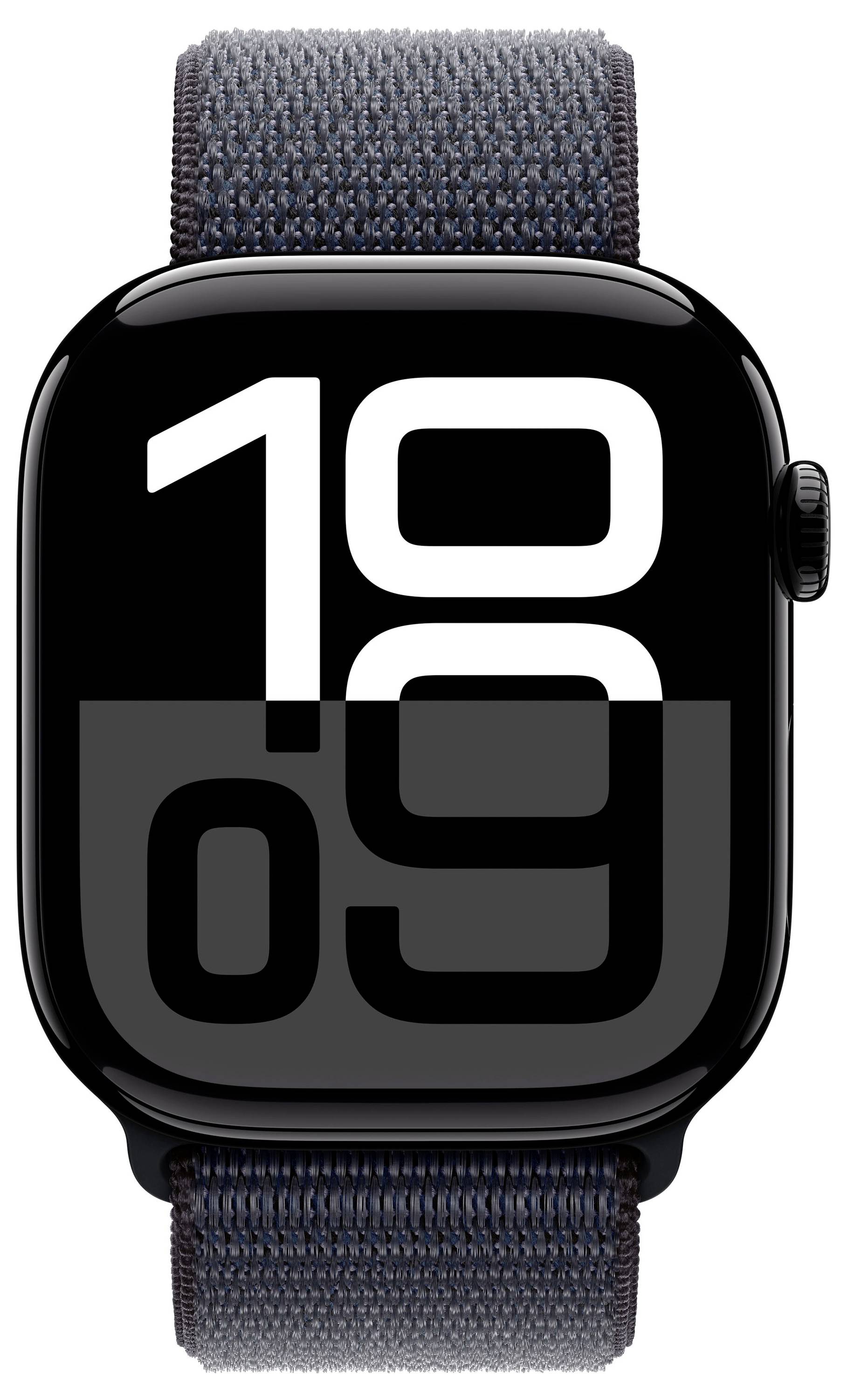 Digital wristwatch with a black dial and large white display showing "10:09" on a dark blue strap.