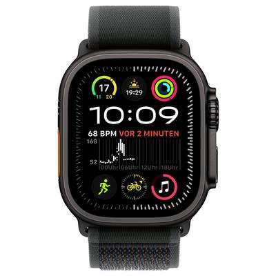 Smartwatch with black casing and dial. Shows time as 10:09, heart rate 68 BPM, activity rings, weather, and symbols for running, cycling, and music.