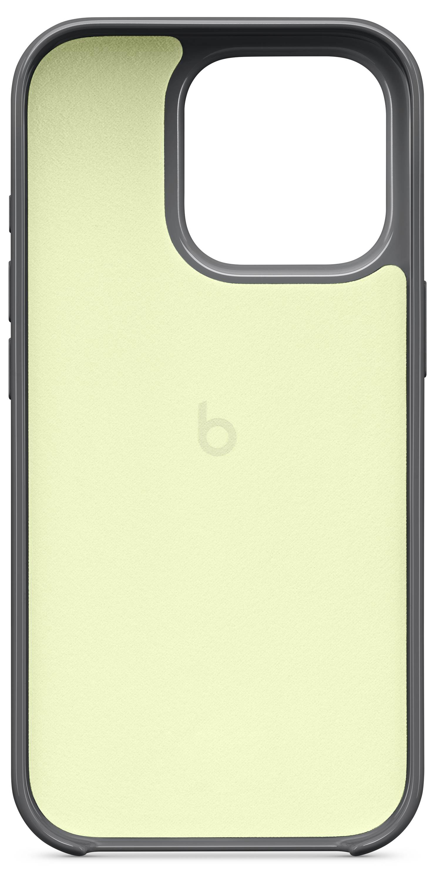 This image shows a light yellow phone case with a black frame, suitable for a model with a large camera opening.
