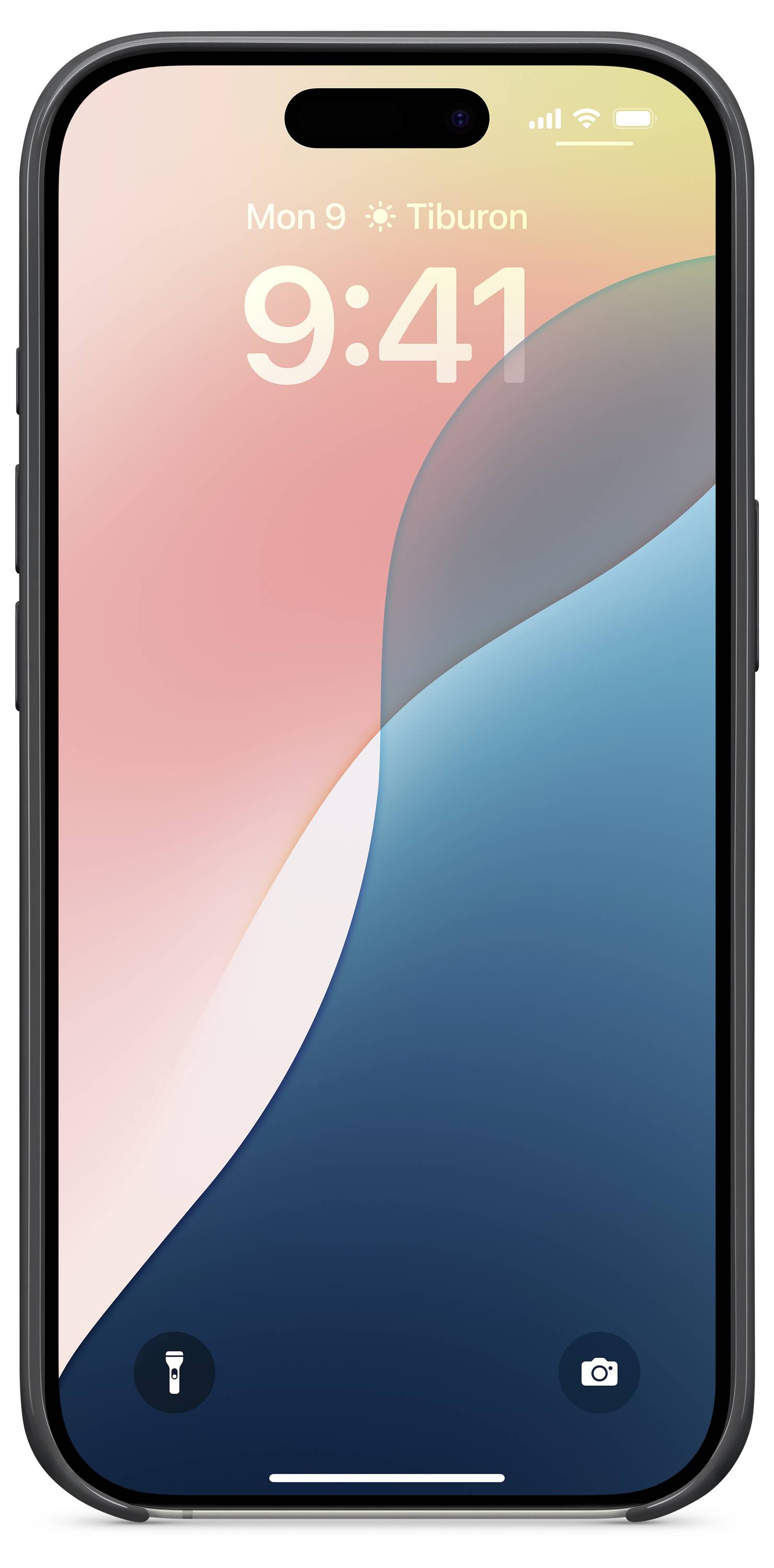 Smartphone with curved screen in lock mode, time '9:41', calendar date 'Mon 9', and app icons 'Torch' and 'Camera'.