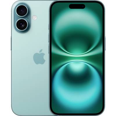 A mint green smartphone from front and back. Two cameras and the Apple logo are visible on the back.
